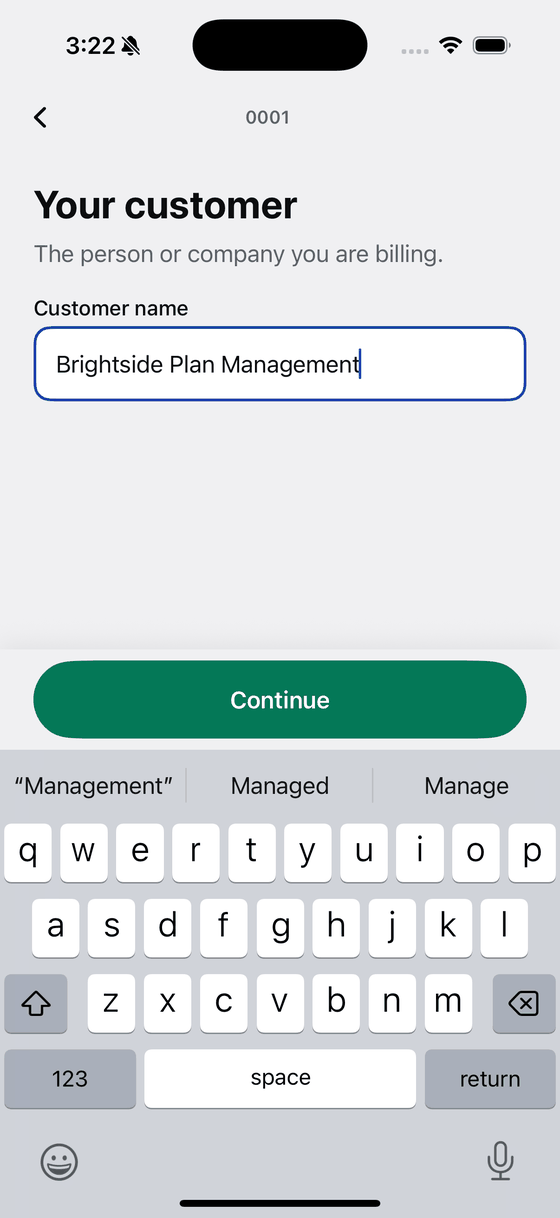 Bily asking for the customer name, with Brightside Plan Management typed in.
