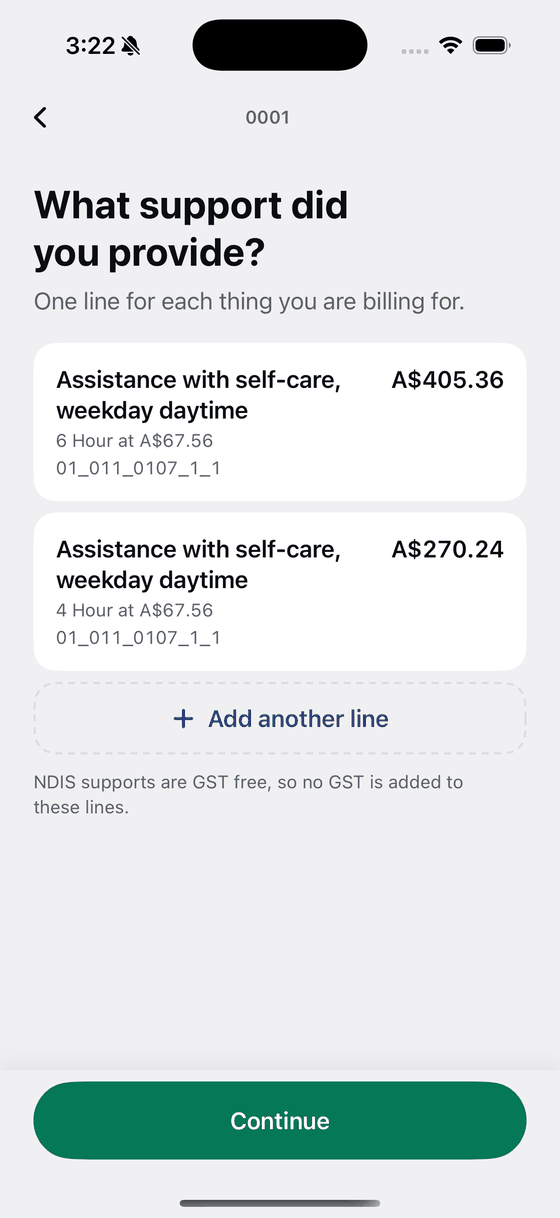 Two invoice lines on a Bily screen, in Australian dollars.