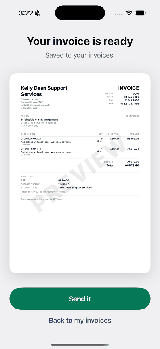 The finished Australian invoice on screen with a Send it button underneath.