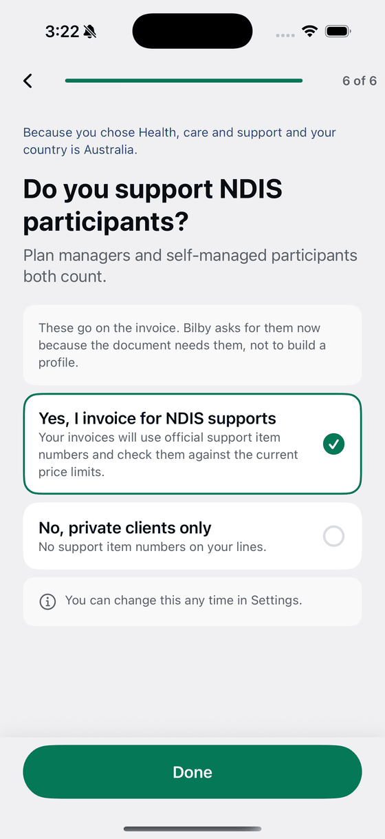 Bily asking do you invoice for NDIS supports, with yes selected.