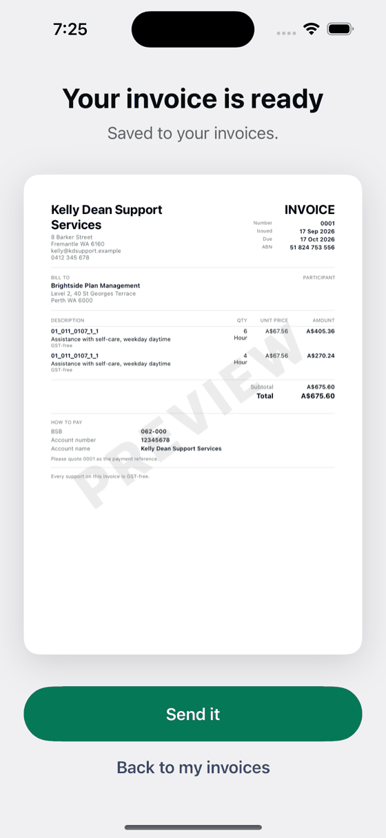 A finished care invoice in Bily with a Send it button underneath.