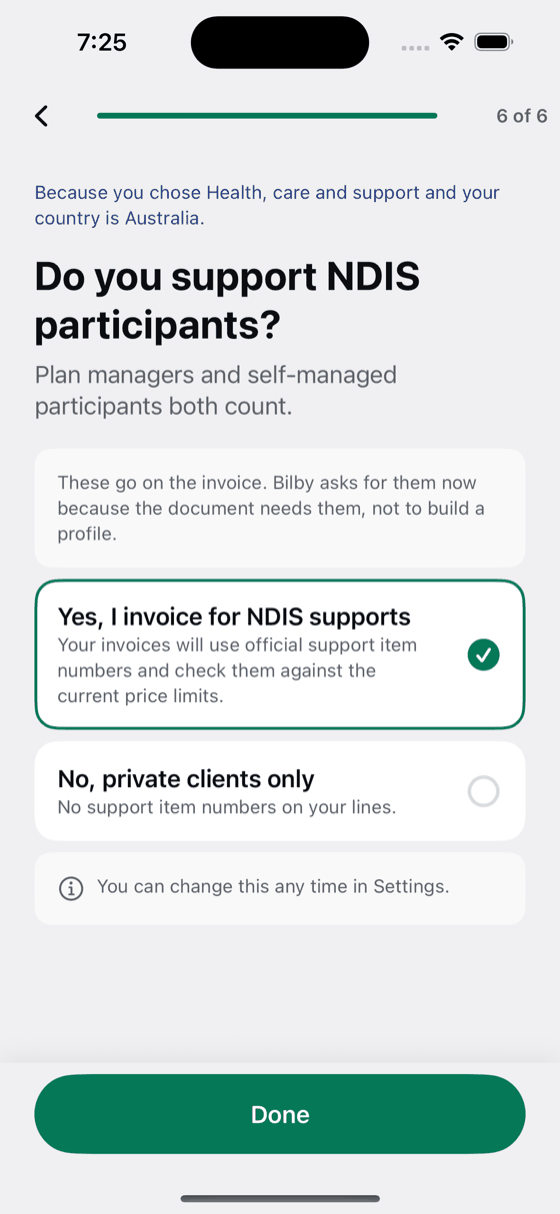 Bily asking do you support NDIS participants, with yes, I invoice for NDIS supports selected.