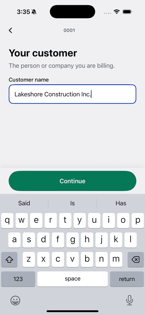 Bily asking for the customer name, with Lakeshore Construction Inc. typed in.