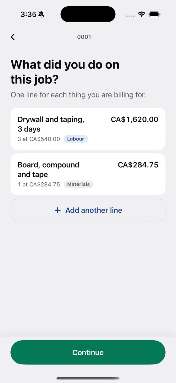 Two invoice lines on a Bily screen, in Canadian dollars.