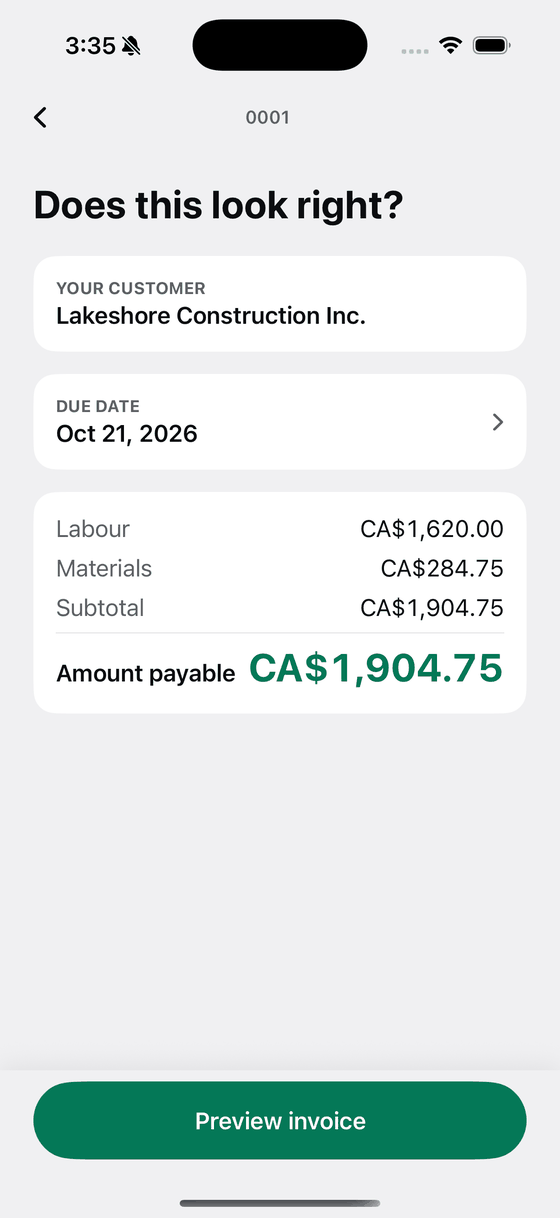 A Bily totals screen with the maths already done and the amount payable at the bottom.
