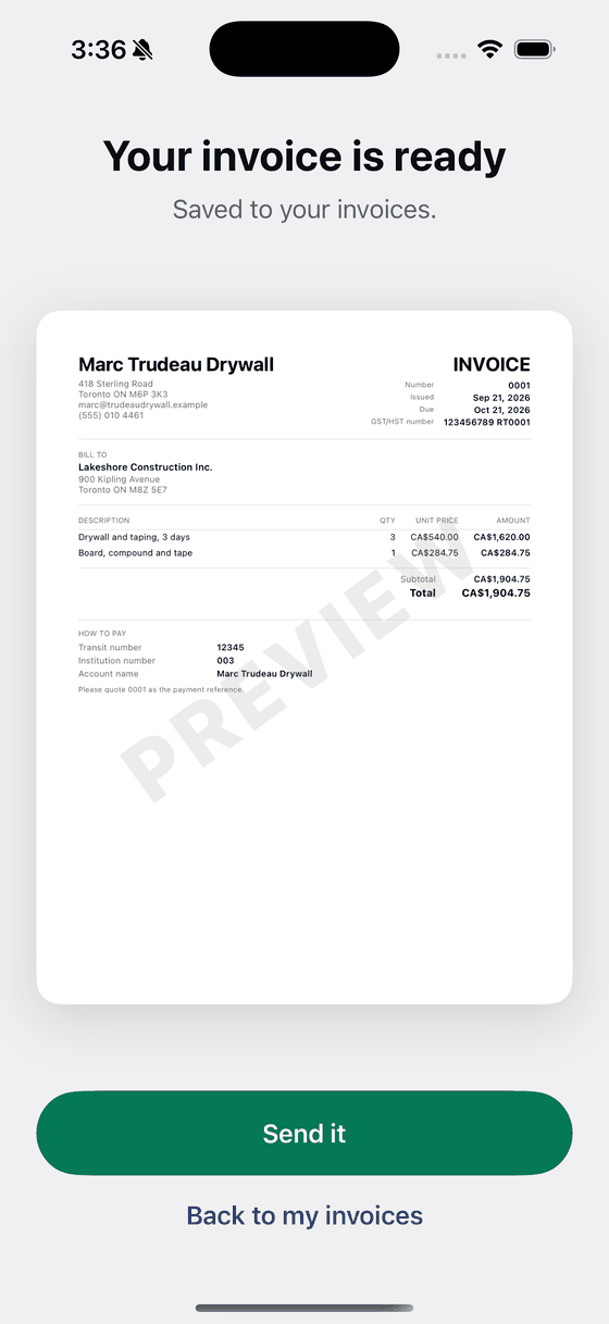 The finished Canadian invoice on screen with a Send it button underneath.