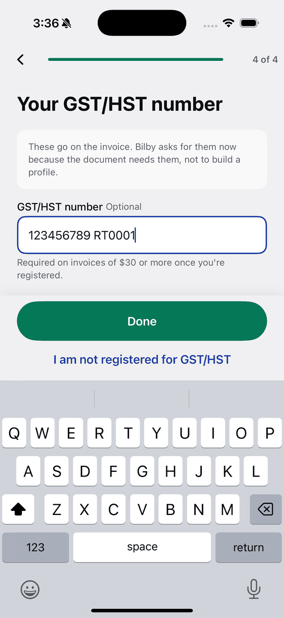 Bily asking for GST/HST number, the identifier a Canadian invoice carries.