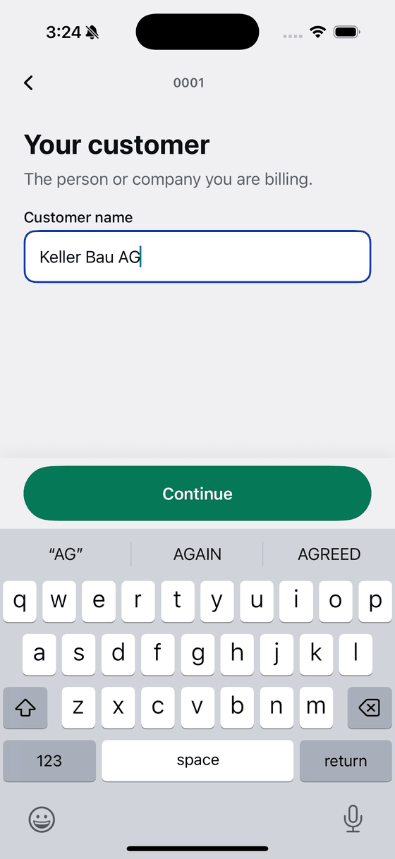 Bily asking for the customer name, with Keller Bau AG typed in.