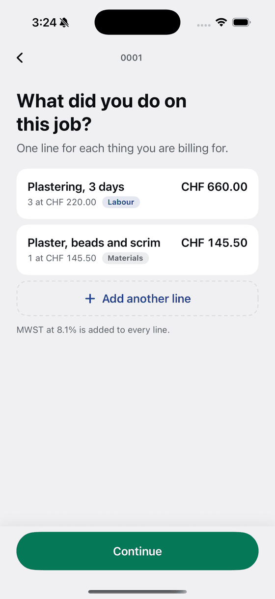 Two invoice lines on a Bily screen, in Swiss francs.