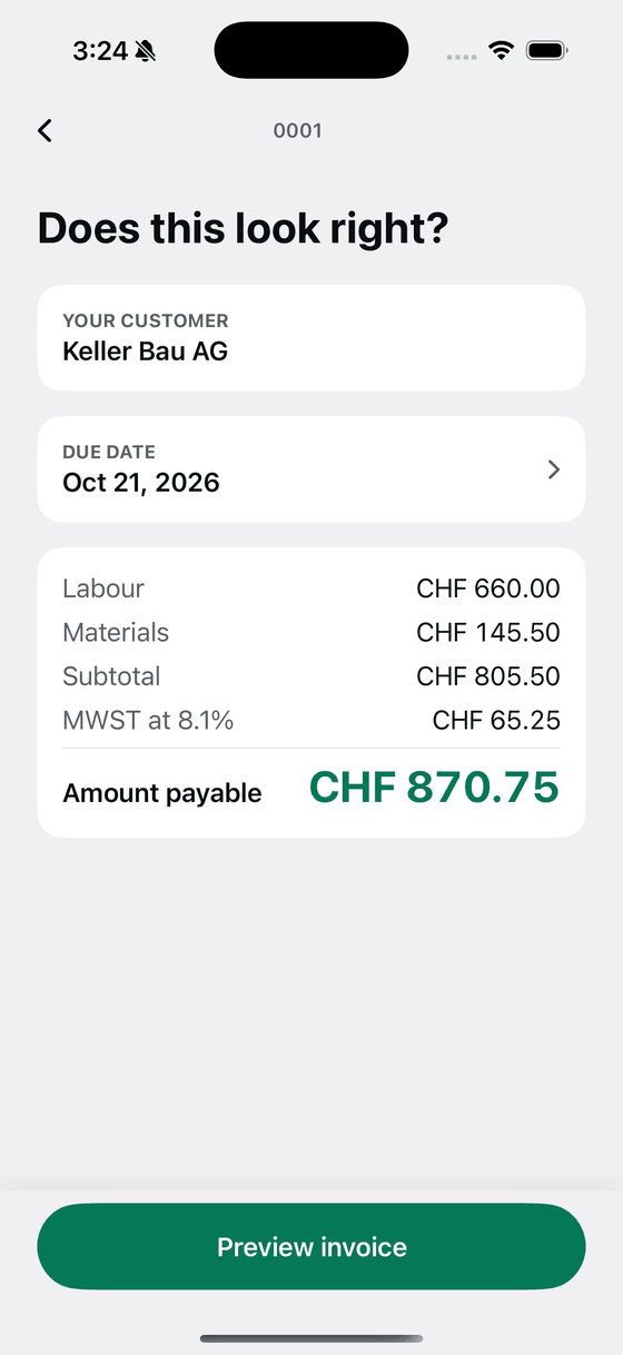 A Bily totals screen with the maths already done and the amount payable at the bottom.