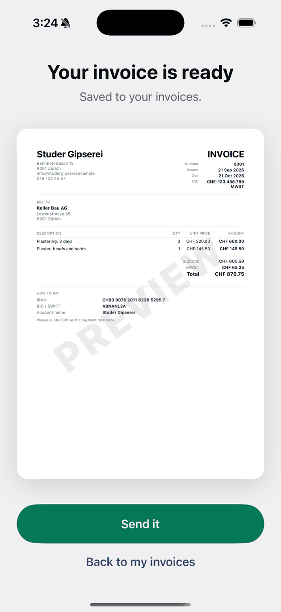 The finished Swiss invoice on screen with a Send it button underneath.