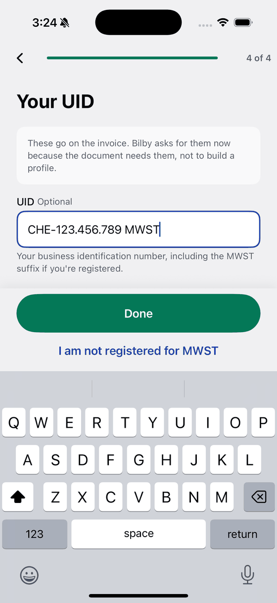 Bily asking for UID, the identifier a Swiss invoice carries.