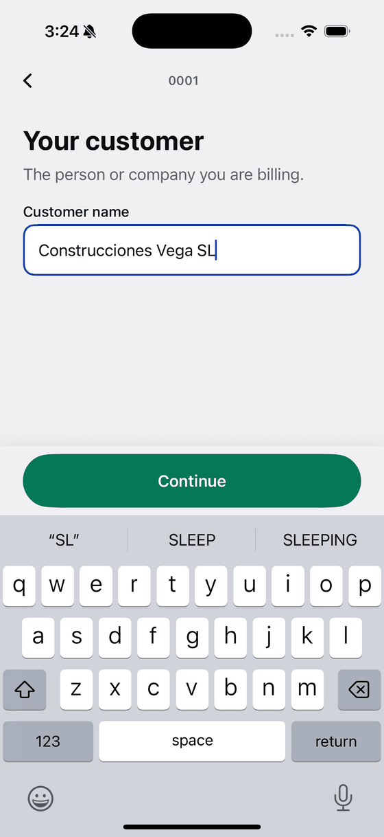 Bily asking for the customer name, with Construcciones Vega SL typed in.