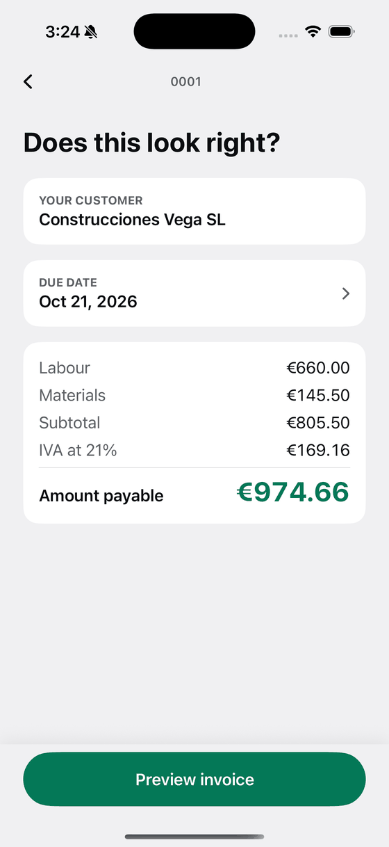 A Bily totals screen with the maths already done and the amount payable at the bottom.