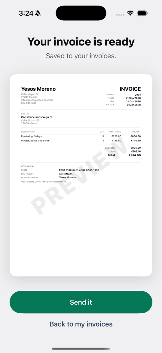 The finished Spanish invoice on screen with a Send it button underneath.