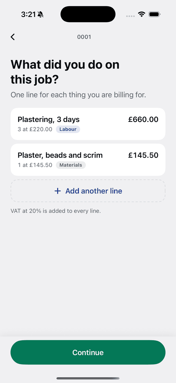 Two invoice lines on a Bily screen, in pounds.
