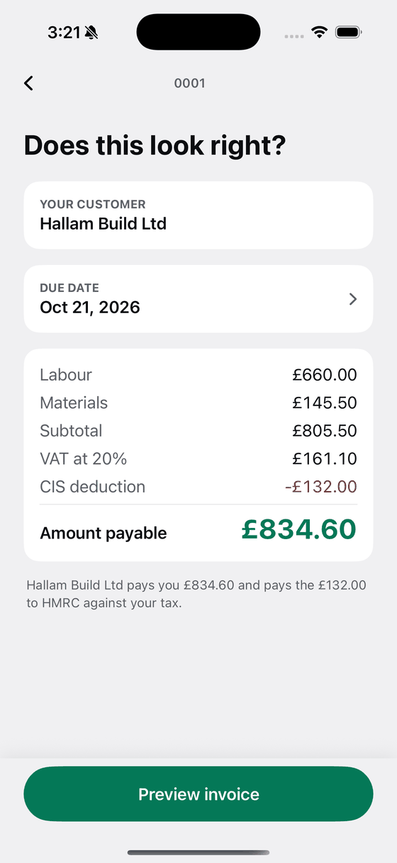 A Bily totals screen with the maths already done and the amount payable at the bottom.