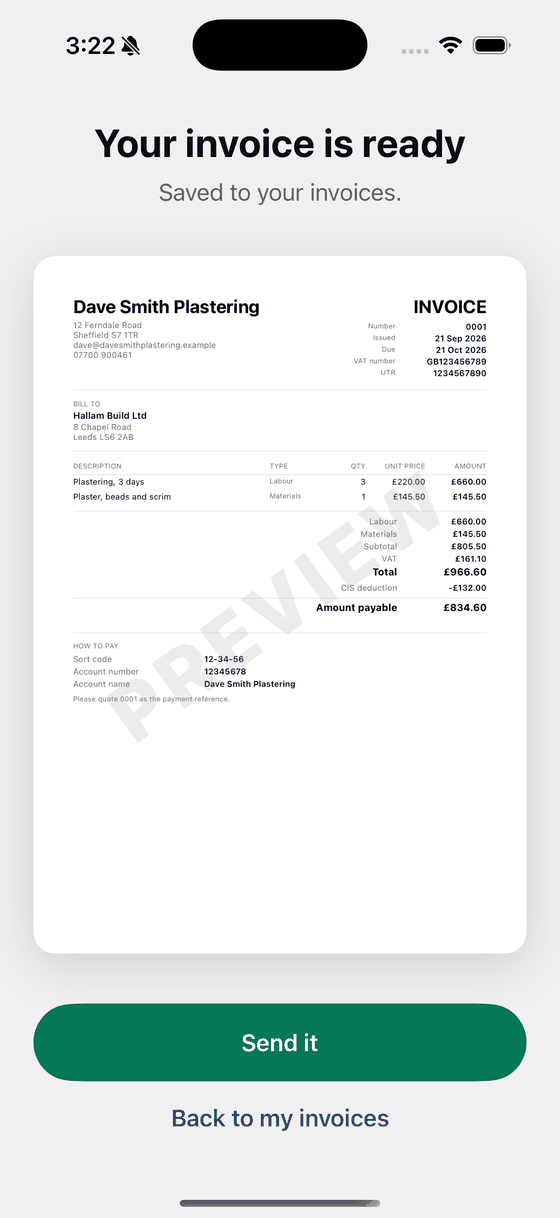 The finished British invoice on screen with a Send it button underneath.