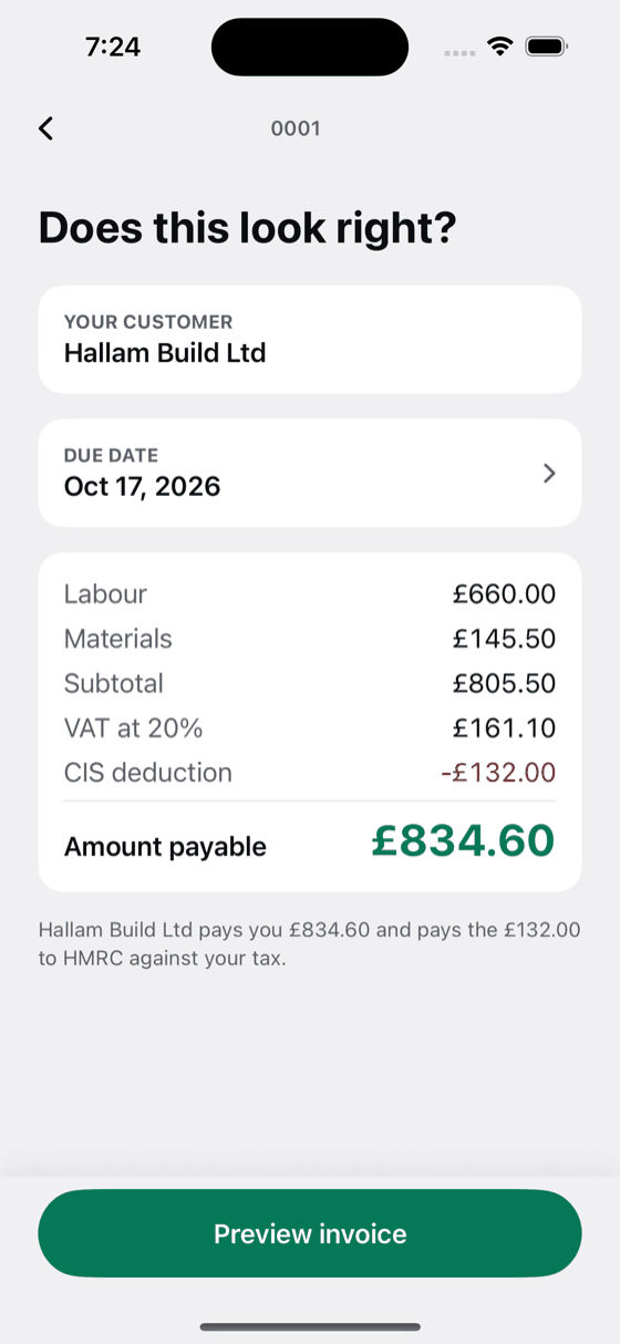 A Bily totals screen with labour, materials, VAT at 20 percent, a CIS deduction and the amount payable underneath.