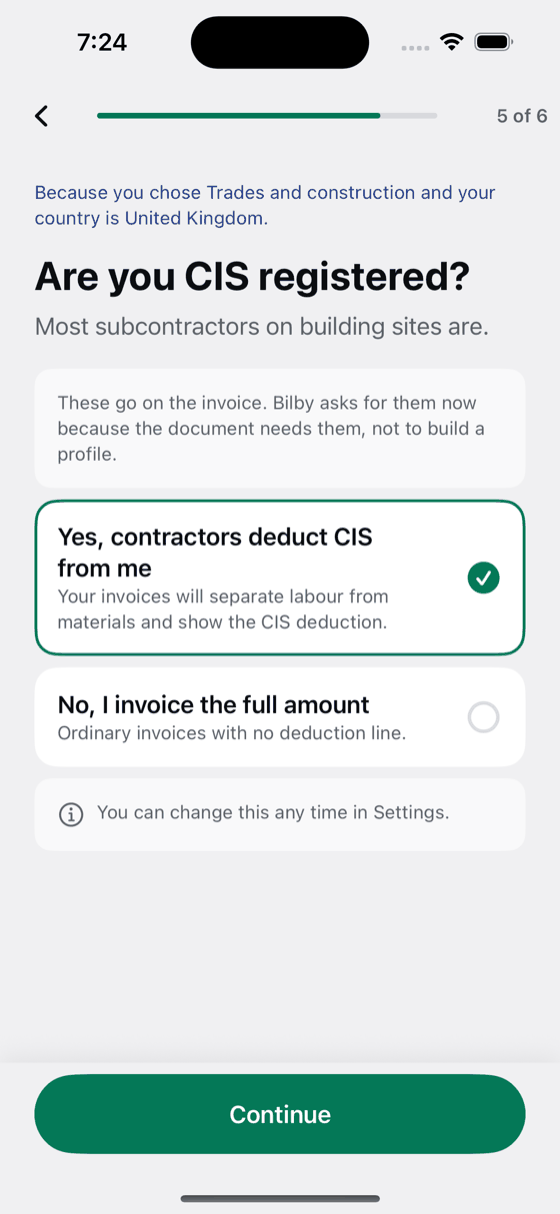 Bily asking are you CIS registered, with yes, contractors deduct CIS from me selected.