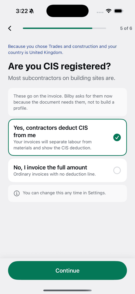 Bily asking are you CIS registered, with yes selected.