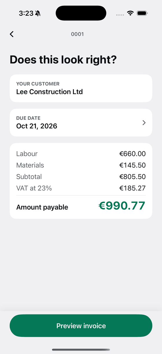 A Bily totals screen with the maths already done and the amount payable at the bottom.