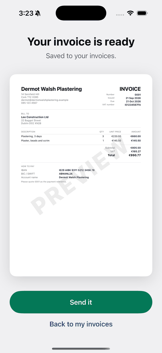 The finished Irish invoice on screen with a Send it button underneath.