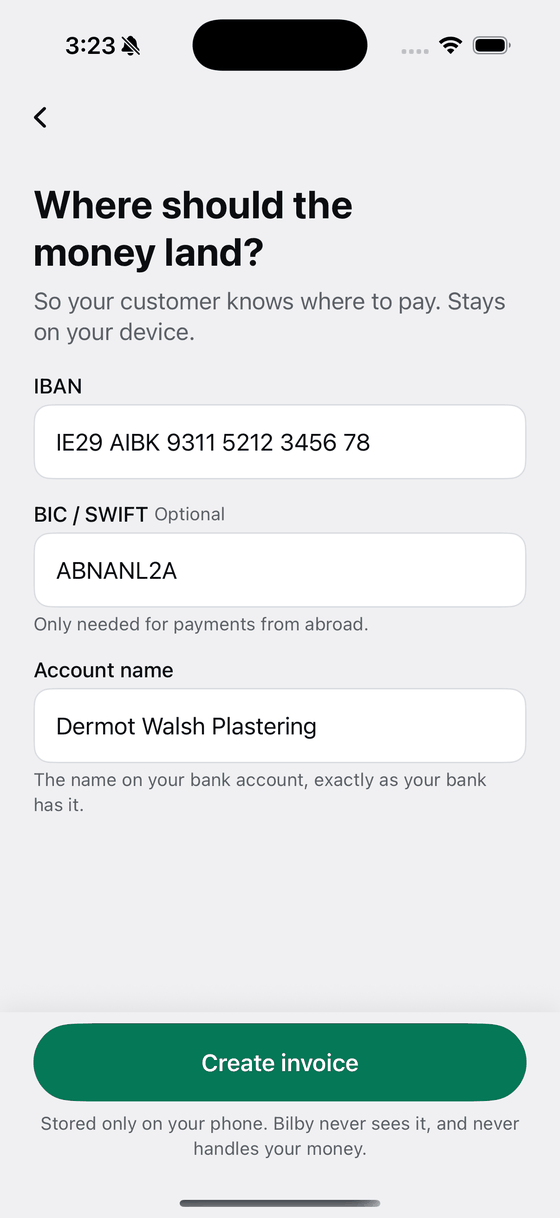 Bily asking where the money should land, with the Irish bank fields filled in.