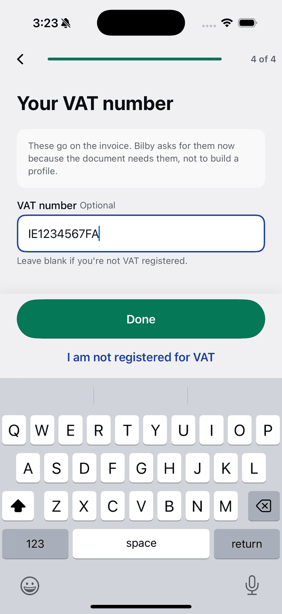 Bily asking for VAT number, the identifier an Irish invoice carries.