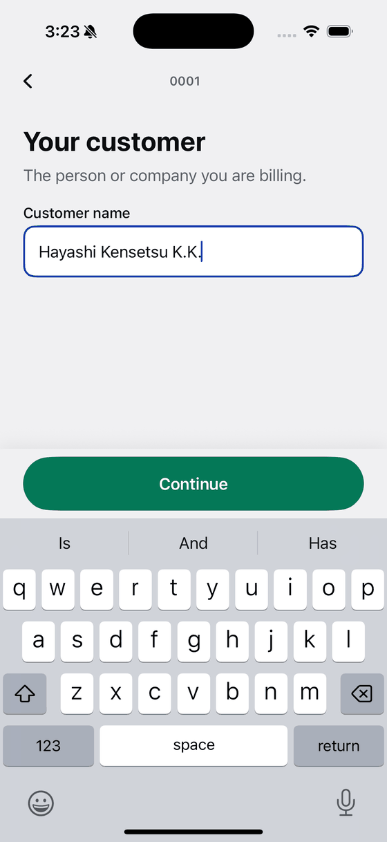 Bily asking for the customer name, with Hayashi Kensetsu K.K. (Hayashi Construction) typed in.