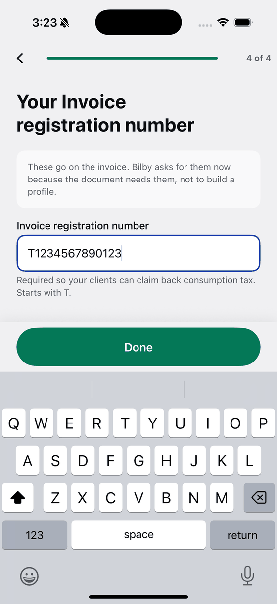 Bily asking for Invoice registration number, the identifier a Japanese invoice carries.