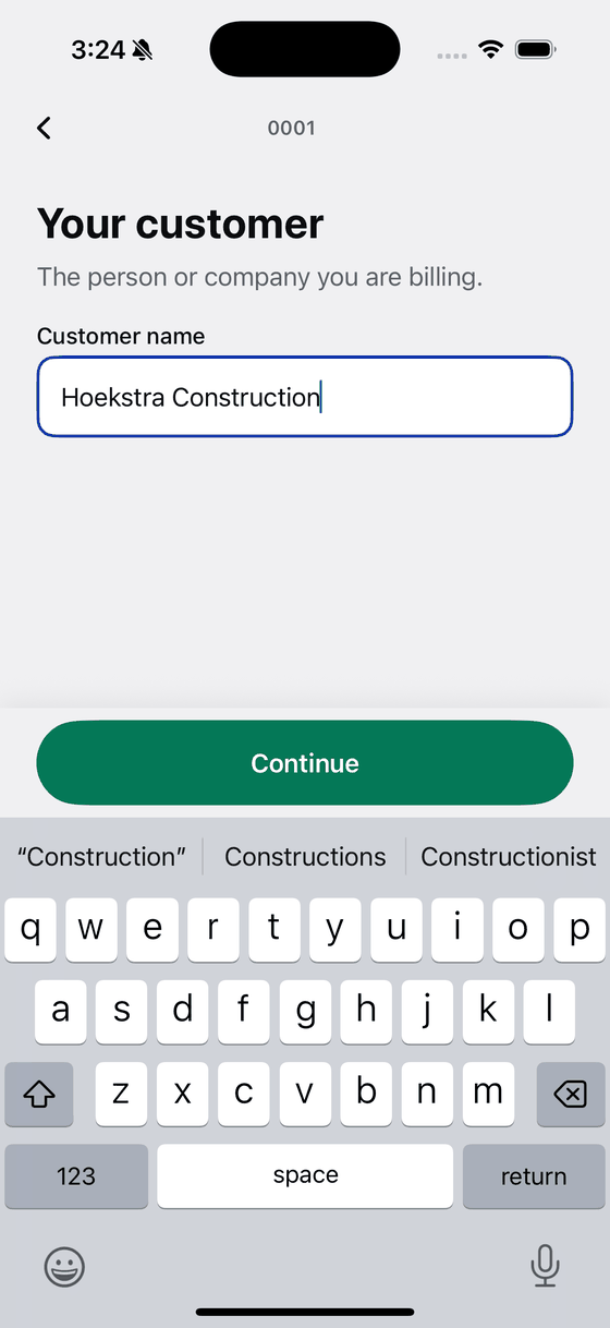 Bily asking for the customer name, with Hoekstra Construction typed in.