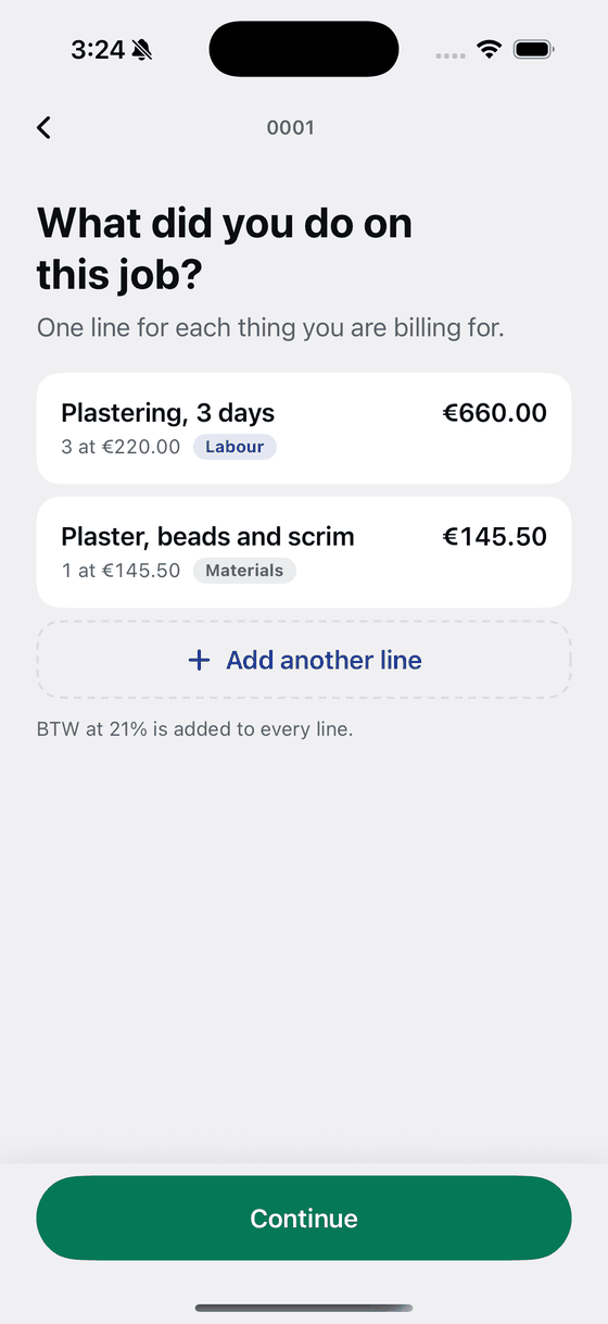 Two invoice lines on a Bily screen, in euros.