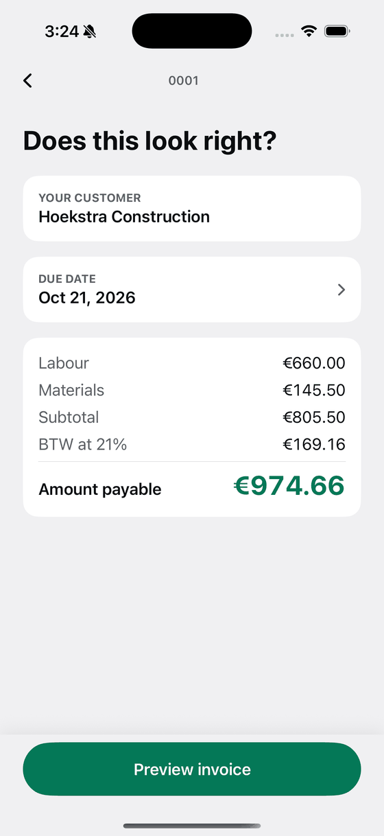 A Bily totals screen with the maths already done and the amount payable at the bottom.