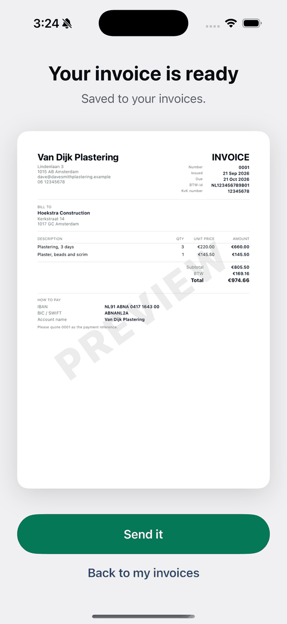 The finished Dutch invoice on screen with a Send it button underneath.