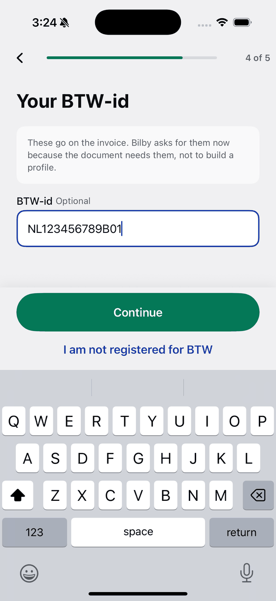 Bily asking for BTW-id, the identifier a Dutch invoice carries.