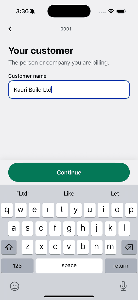 Bily asking for the customer name, with Kauri Build Ltd typed in.