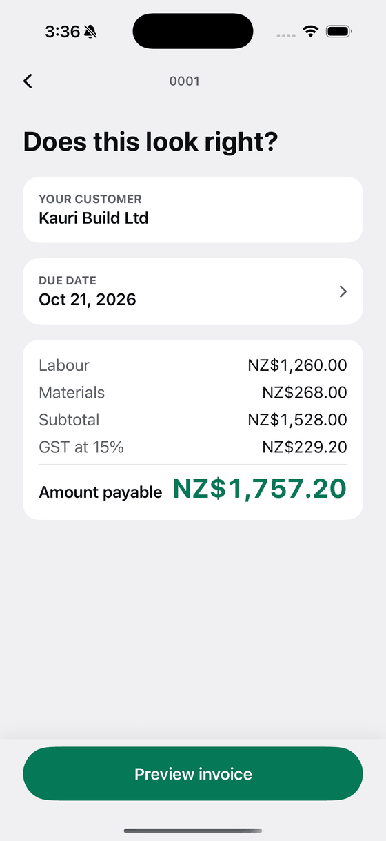 A Bily totals screen with the maths already done and the amount payable at the bottom.
