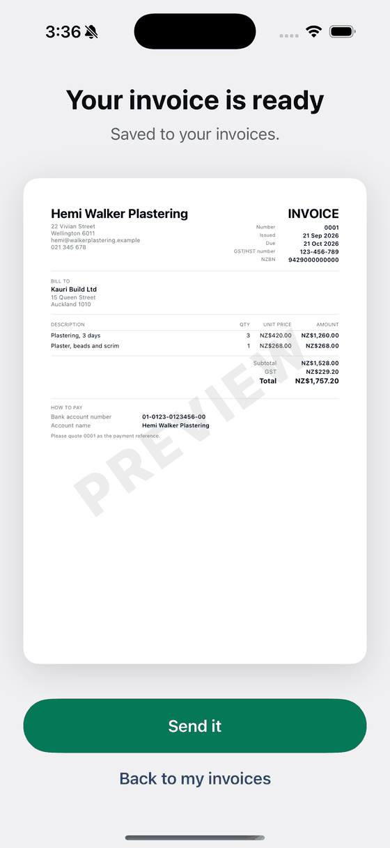 The finished New Zealand invoice on screen with a Send it button underneath.