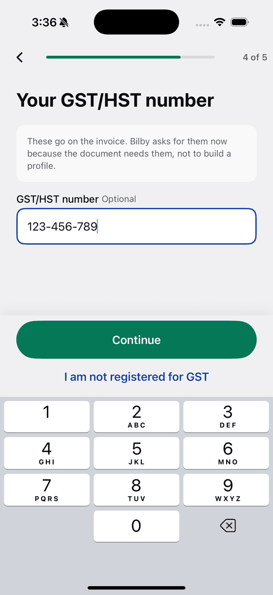 Bily asking for GST number, the identifier a New Zealand invoice carries.