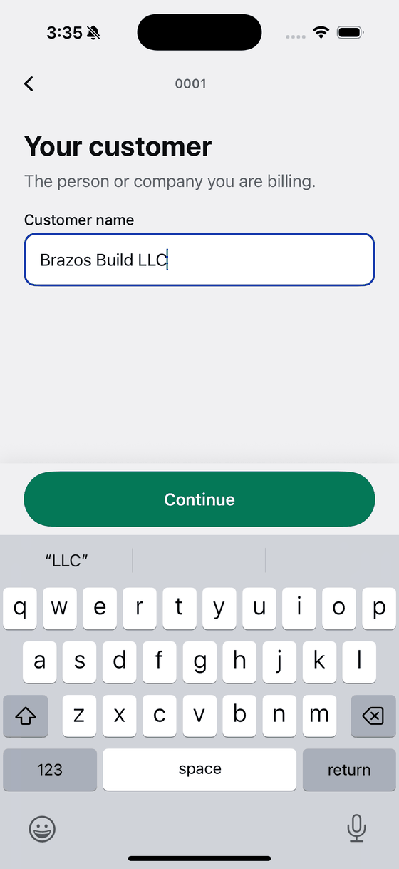 Bily asking for the customer name, with Brazos Build LLC typed in.