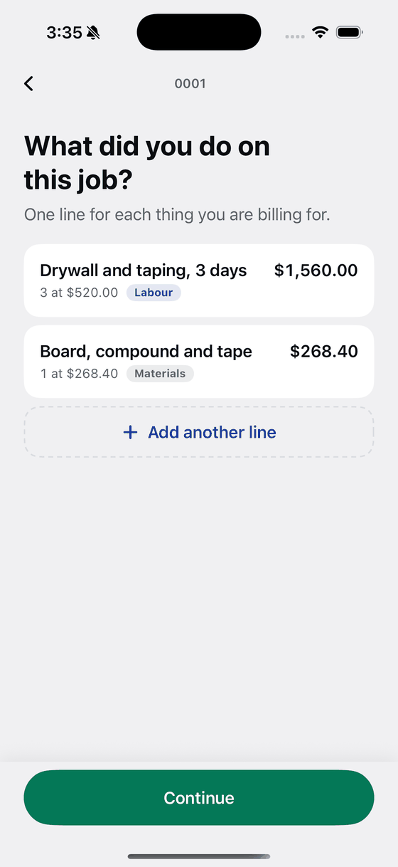 Two invoice lines on a Bily screen, in United States dollars.