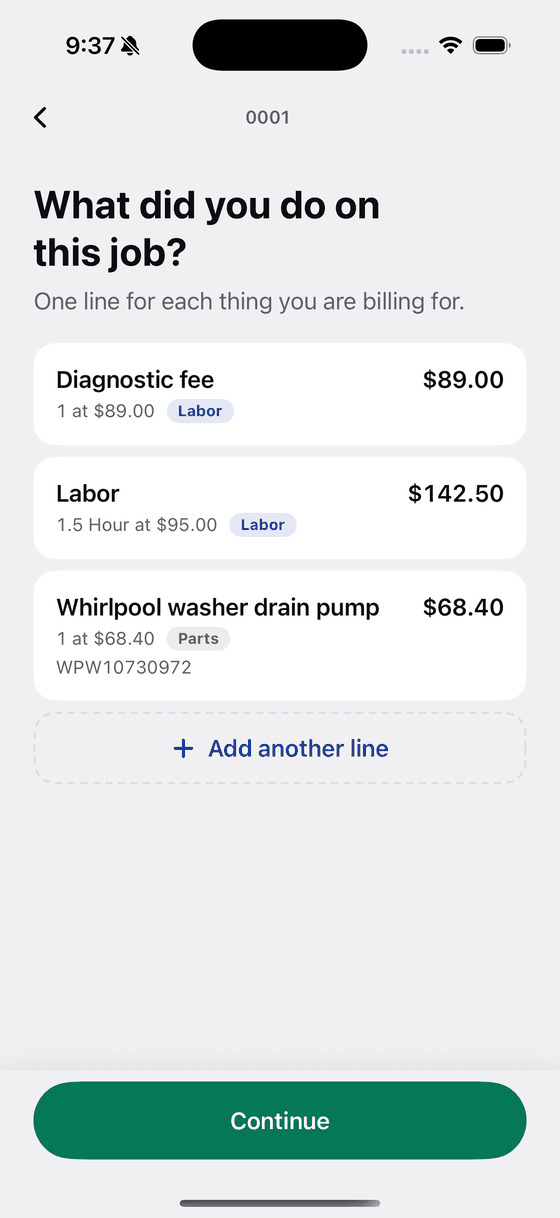 Invoice lines in Bily for a diagnostic fee, labor and a part, with the part number underneath.