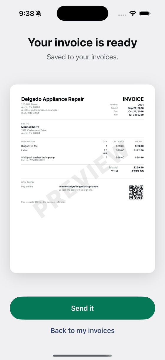 The finished repair invoice on screen with a Send it button underneath.